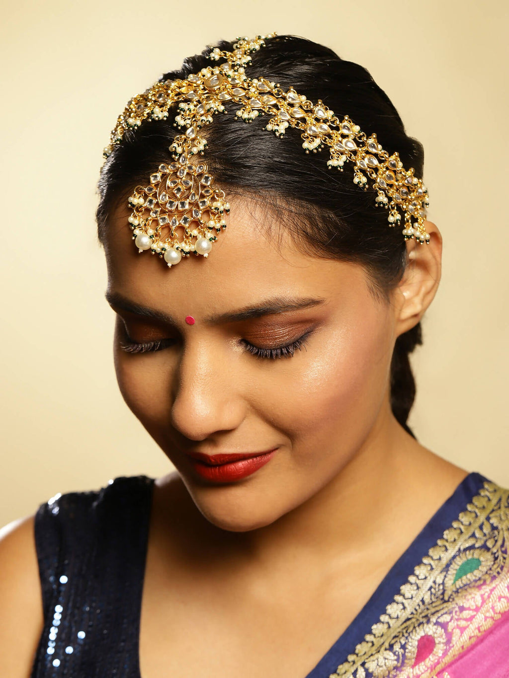 Gold-Plated White Green Kundan-Studded Pearl Beaded Matha Patti - Ruby Raang - Distacart