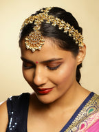 Gold-Plated White Green Kundan-Studded Pearl Beaded Matha Patti - Ruby Raang - Distacart