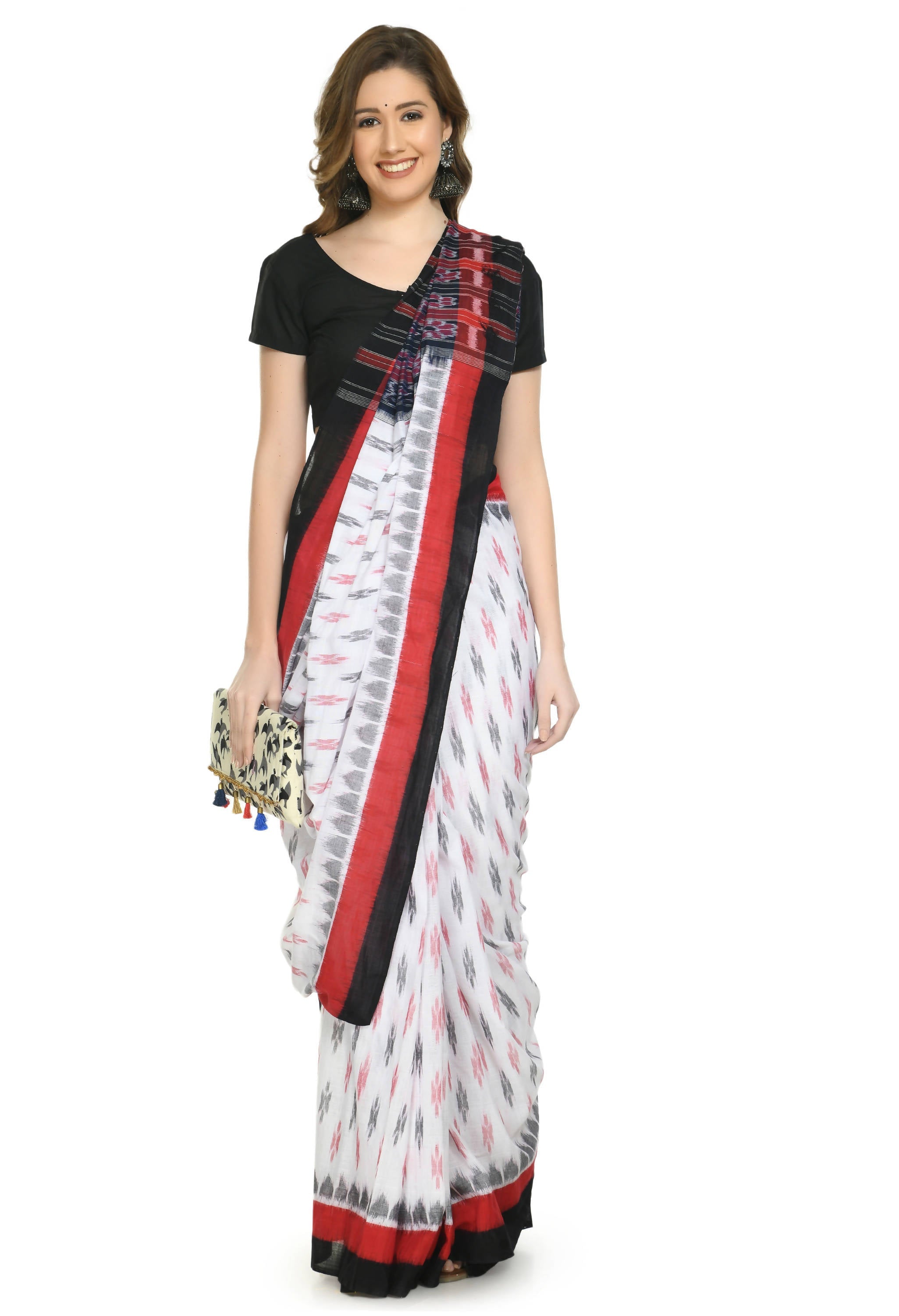 Vamika Sambalpuri Ikat Cotton Dehabandha White, Red & Black Saree - Distacart