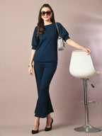 Myshka Women's Blue Solid Boat Neck Party Top