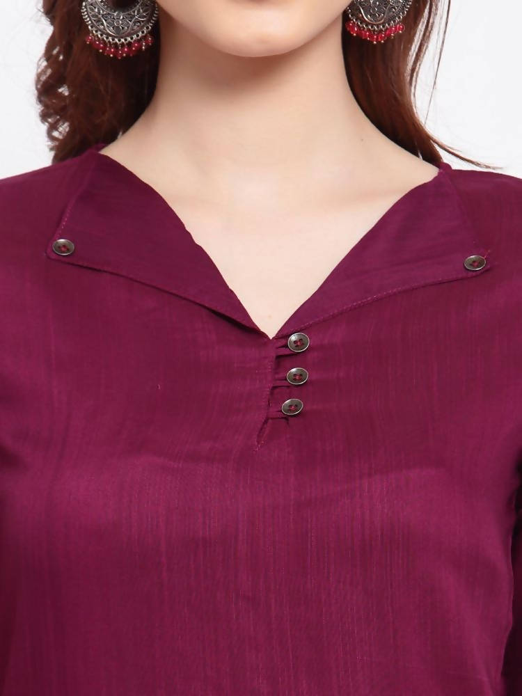 Myshka Women's Burgandy Solid Cotton Half Sleeve V Neck Casual Kurta Pant Dupatta Set