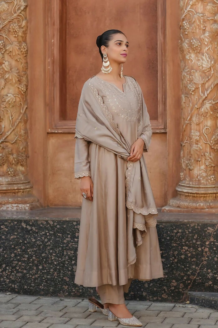 The52 Brown Women's Gorgeous Vichitra Silk Fabric Embroidered Work Flared Anarkali Pant and Dupatta Set - Distacart