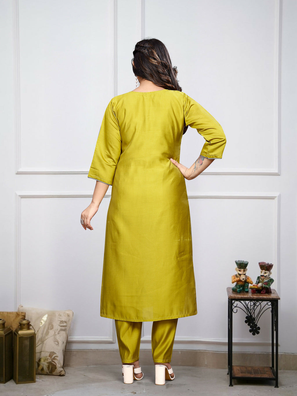The52 Lemon Beautiful Embroidered Viscose Chanderi Fabric Straight Kurta Pant with Dupatta Set - Distacart