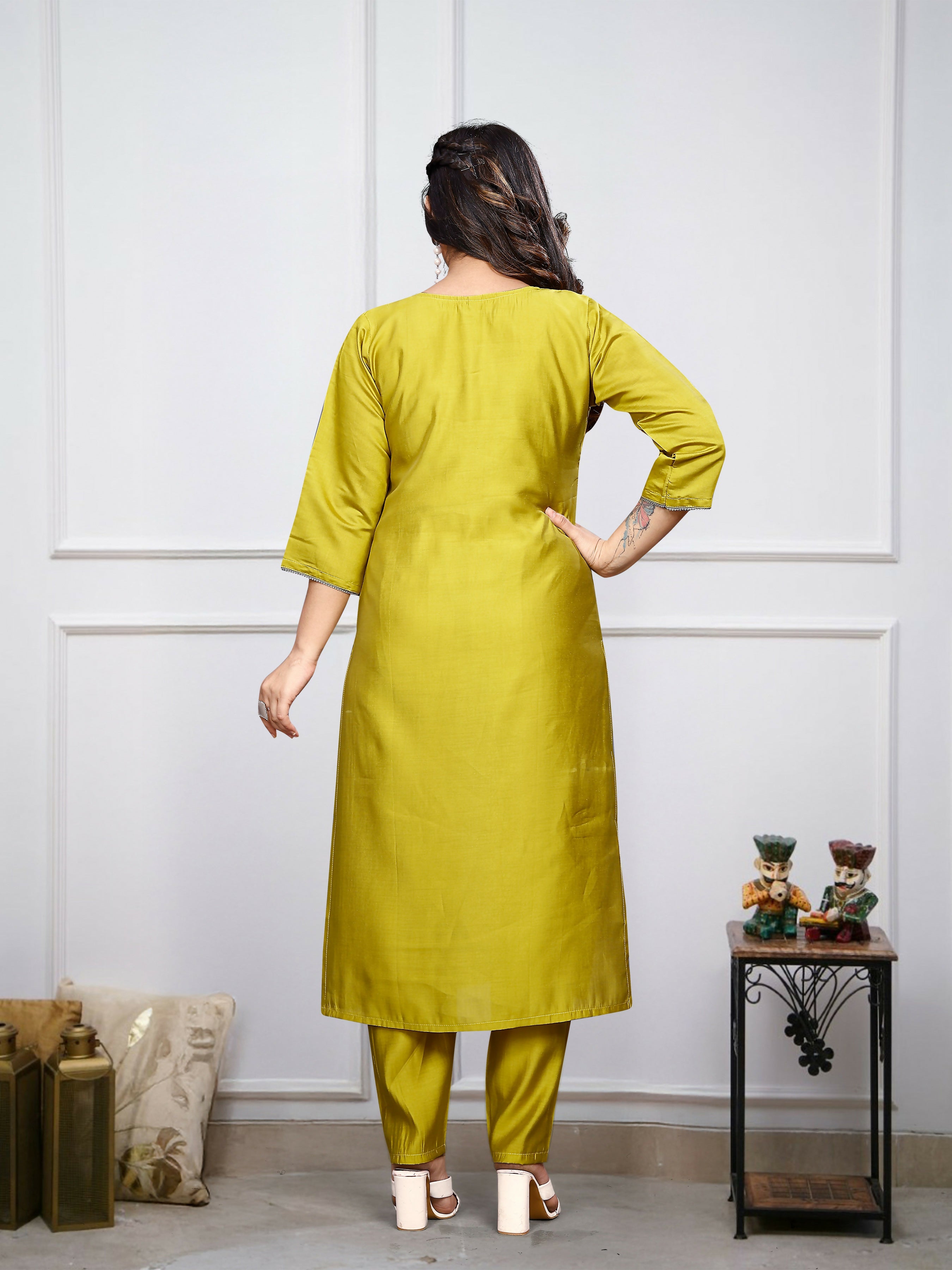 The52 Lemon Beautiful Embroidered Viscose Chanderi Fabric Straight Kurta Pant with Dupatta Set - Distacart