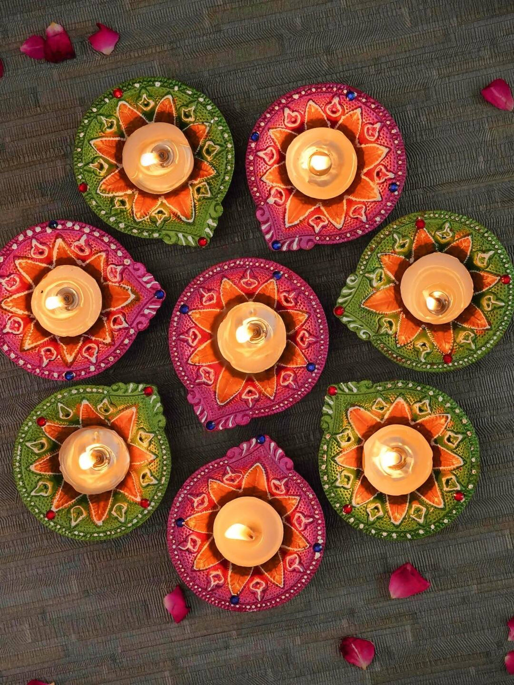 Tied Ribbons Green & Pink Set of 8 Terracotta Clay Diwali Diyas