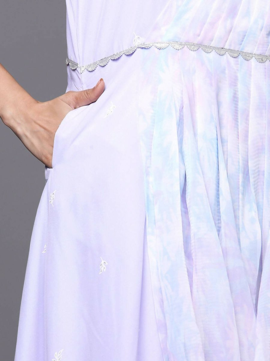 Ahalyaa Blue & White Floral Print Ethnic Maxi Dress with Attached Dupatta - Distacart