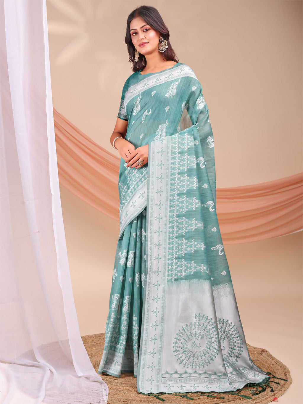 Shree Shyam Fashion Varnika Sea Green Linen Cotton Saree