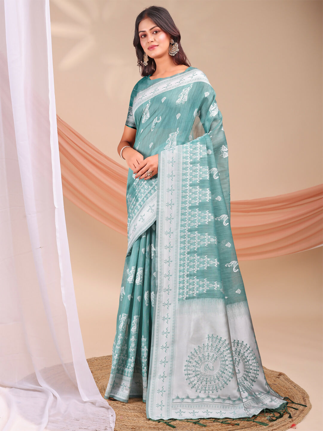 Shree Shyam Fashion Varnika Sea Green Linen Cotton Saree