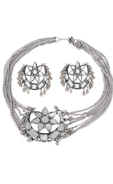 Mominos Fashion Silver color Necklace with Mirror work Mangalsutra