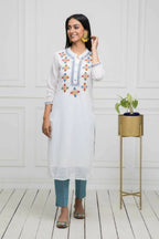 Myshka Women Solid Georgette Straight V-Neck White Kurtas - Distacart