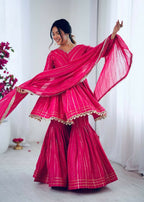 Teeya Creation Pink Color Mal Chanderi Silk Mirror Work And Hand Work Sharara set - Distacart