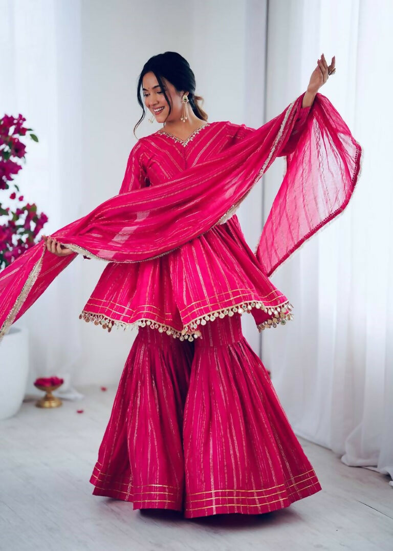 Teeya Creation Pink Color Mal Chanderi Silk Mirror Work And Hand Work Sharara set - Distacart