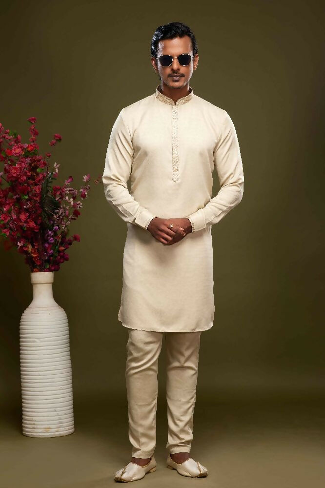 Raivat Ethnic Art Banarasi Silk Thread Work Kurta Pajama In Cream Beige Colour