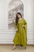 The52 Light Green Women's Beautiful Vichitra Silk Fabric Embroidered Work Flared Anarkali Pant and Dupatta Set - Distacart