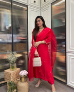 The52 Red Beautiful Embroidered Rayon Fabric Straight Kurta Pant with Dupatta Set - Distacart