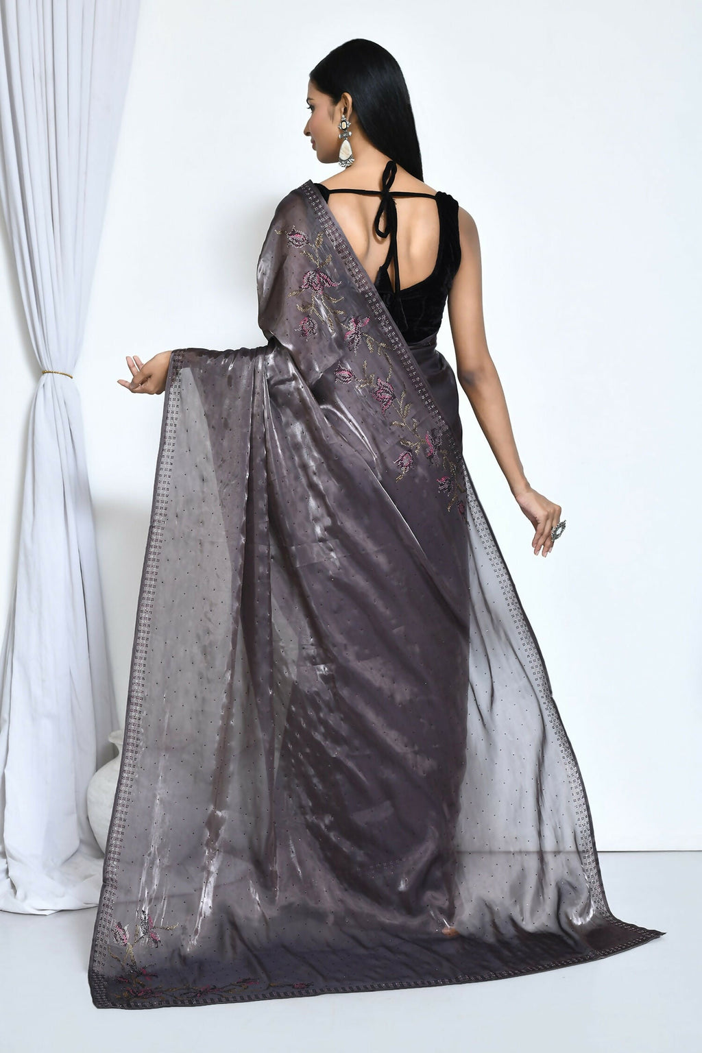 Grey Satin Silk Stone Work Festive Saree - Nimaya Denzy