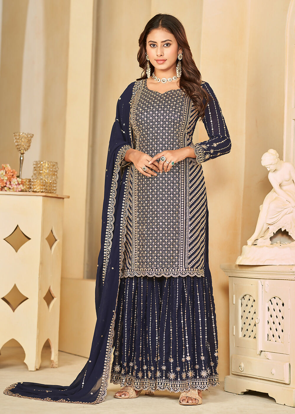 Mesmeric Blue Faux Georgette Palazzo Suit with Embroidery - Emponline
