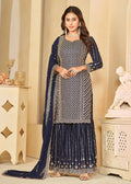 Mesmeric Blue Faux Georgette Palazzo Suit with Embroidery - Emponline