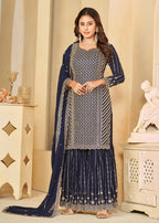 Mesmeric Blue Faux Georgette Palazzo Suit with Embroidery - Emponline