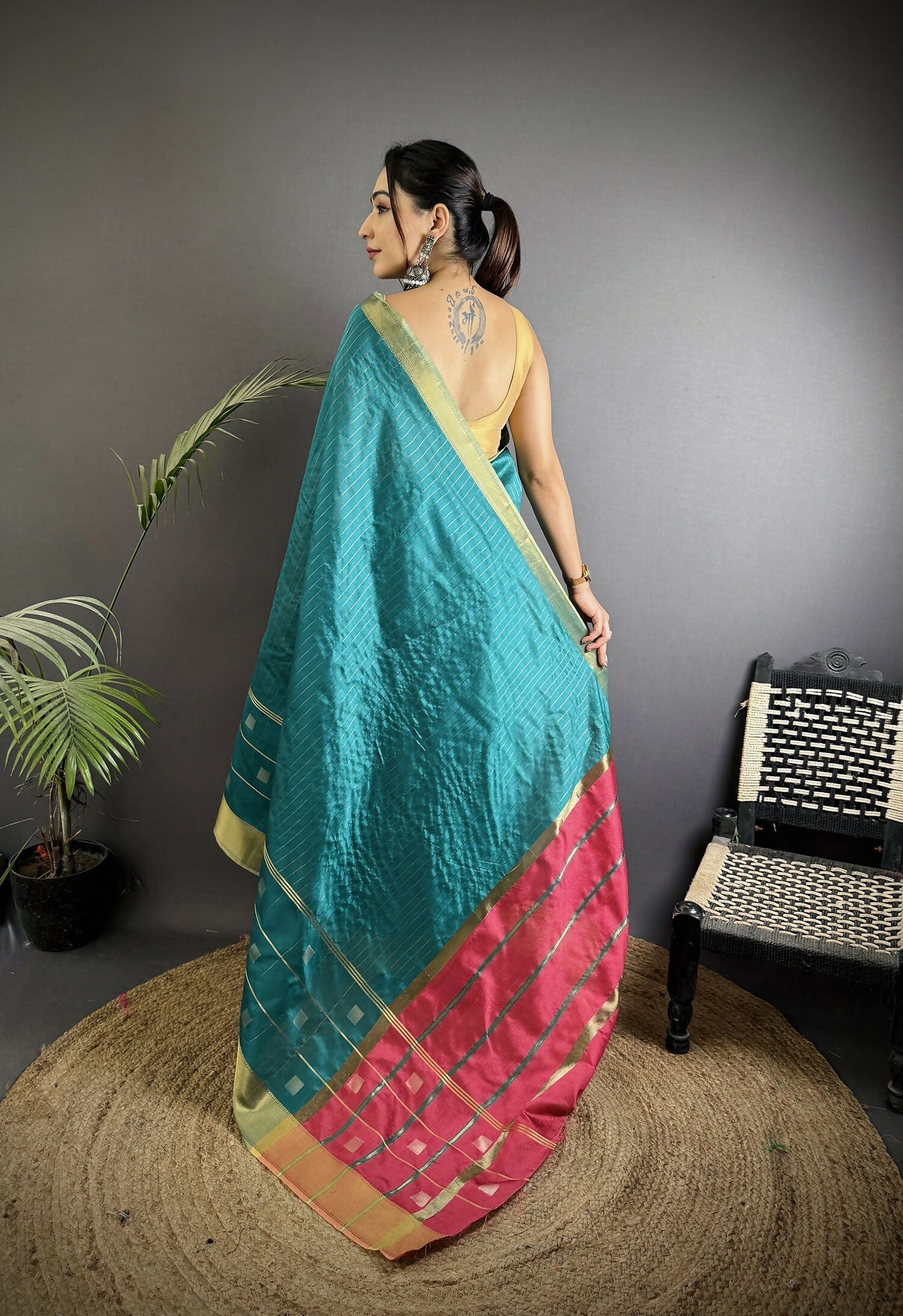 Joban Fashion Sea Green Bhagalpuri Cotton Silk Stripes/Box Saree - Distacart