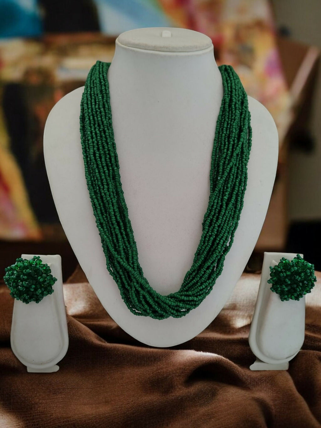 Inhanns Vibrant Handmade 20 Layers Beaded Necklace With Matching Earrings - Green