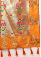 Lorenvalley Fashion Orange Soft Paithani Silk Woven Design Gold Zari Meenakari Weaving Saree