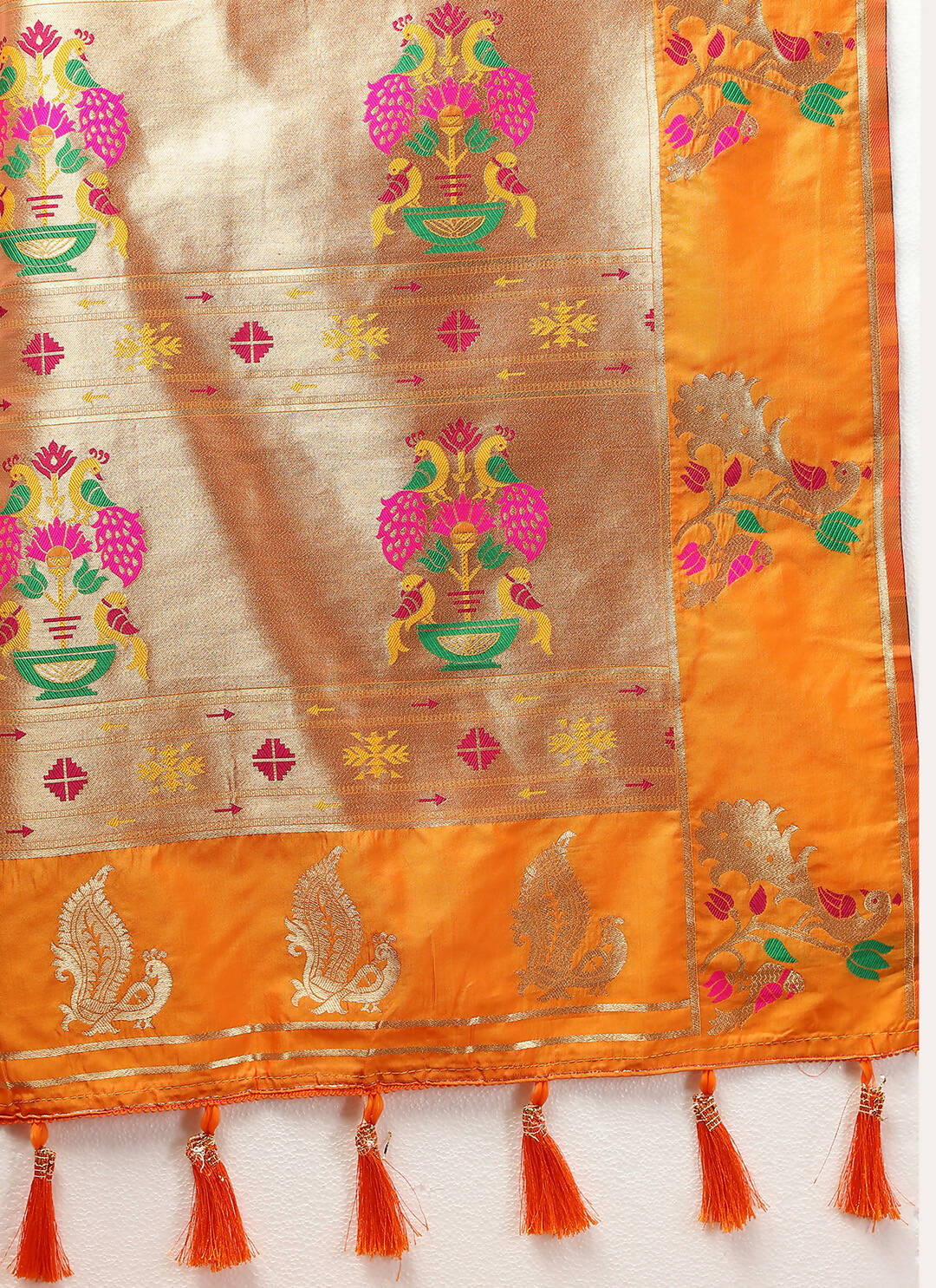 Lorenvalley Fashion Orange Soft Paithani Silk Woven Design Gold Zari Meenakari Weaving Saree