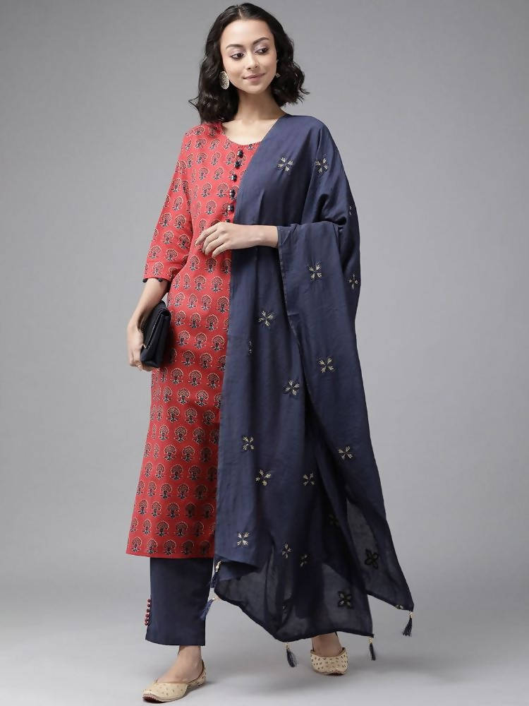 Yufta Women Red Pure Cotton Handblock Print Kurta with Trouser & Dupatta