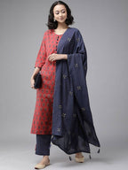 Yufta Women Red Pure Cotton Handblock Print Kurta with Trouser & Dupatta