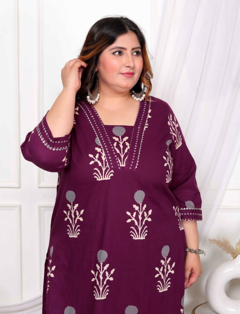 Miravan Women's Plus Size Cotton Fabric Purple Kurta With Palazzo