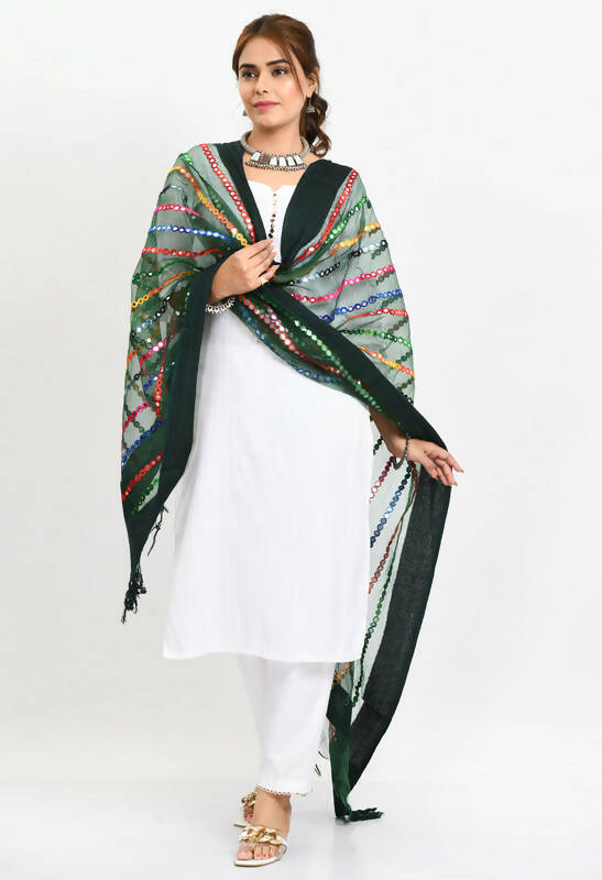 Mominos Fashion Moeza Women's Orgenza Multi Thread Mirror Work Bottle Green Dupatta - Distacart