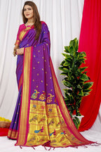Jyoti Fashion Women's Purple Paithani Silk Zari Woven Saree with Blouse