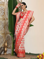 Shree Shyam Fashion Linen Cotton Red & White Saree - Distacart