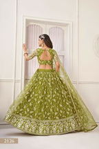 Aastha Fashion Olive Green Butterfly Net White Cotton Thread Work And Sequence Work Embroidery Wedding Wear Lehenga Choli