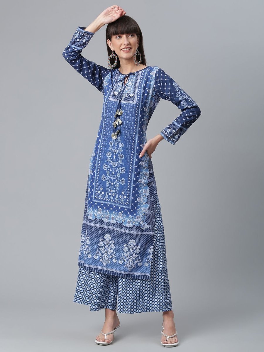 Ahalyaa Women Navy Blue Crepe Floral Print kurta With Palazzo