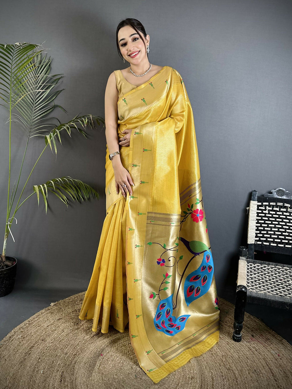 Joban Fashion Yellow Peacock & Floral Motifs Tissue Paithani Saree - Distacart