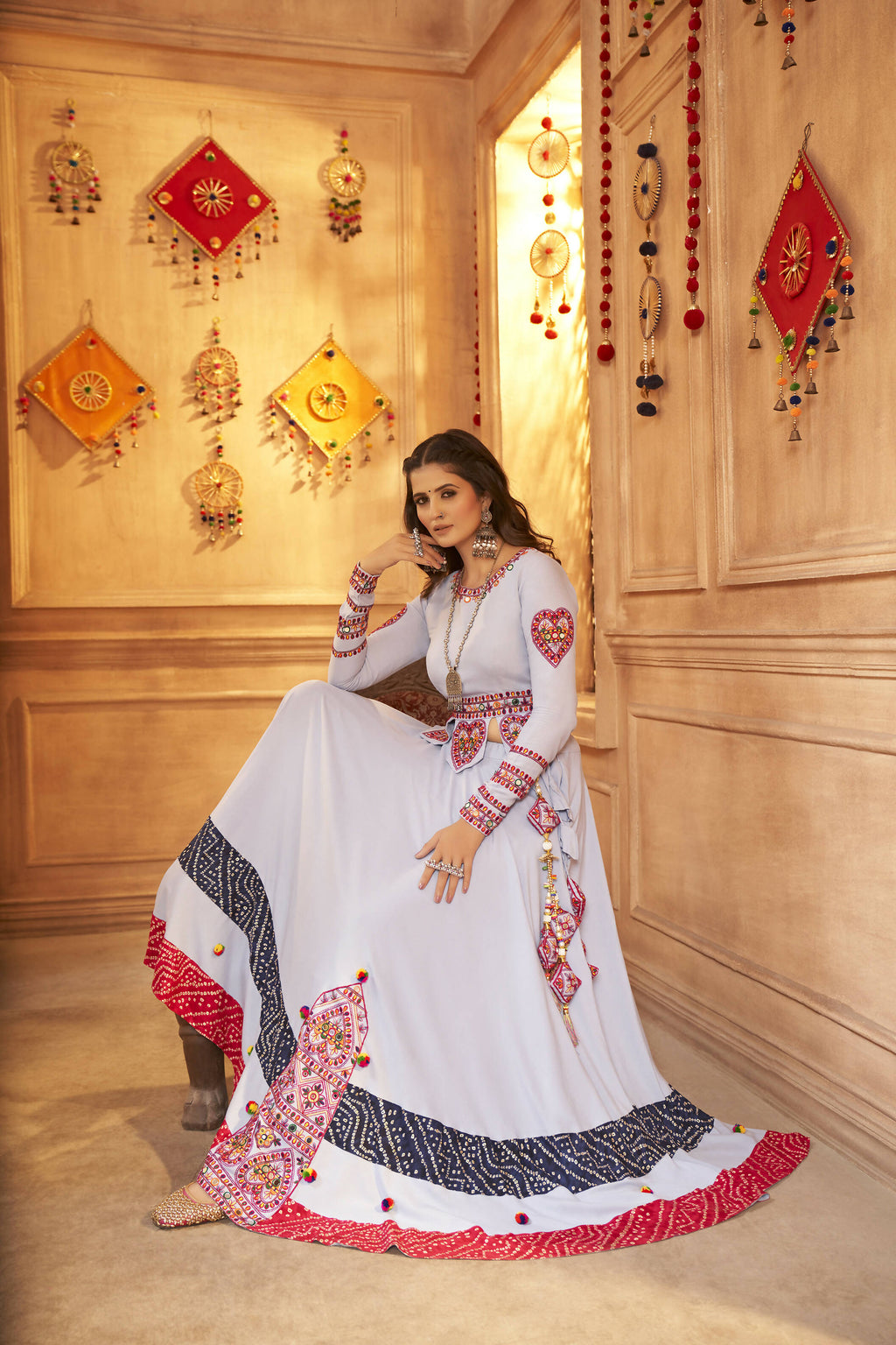 Sky Viscose Rayon Thread Embroidered Work And Print With Mirror All Over Navratri Lehenga Choli - Raas
