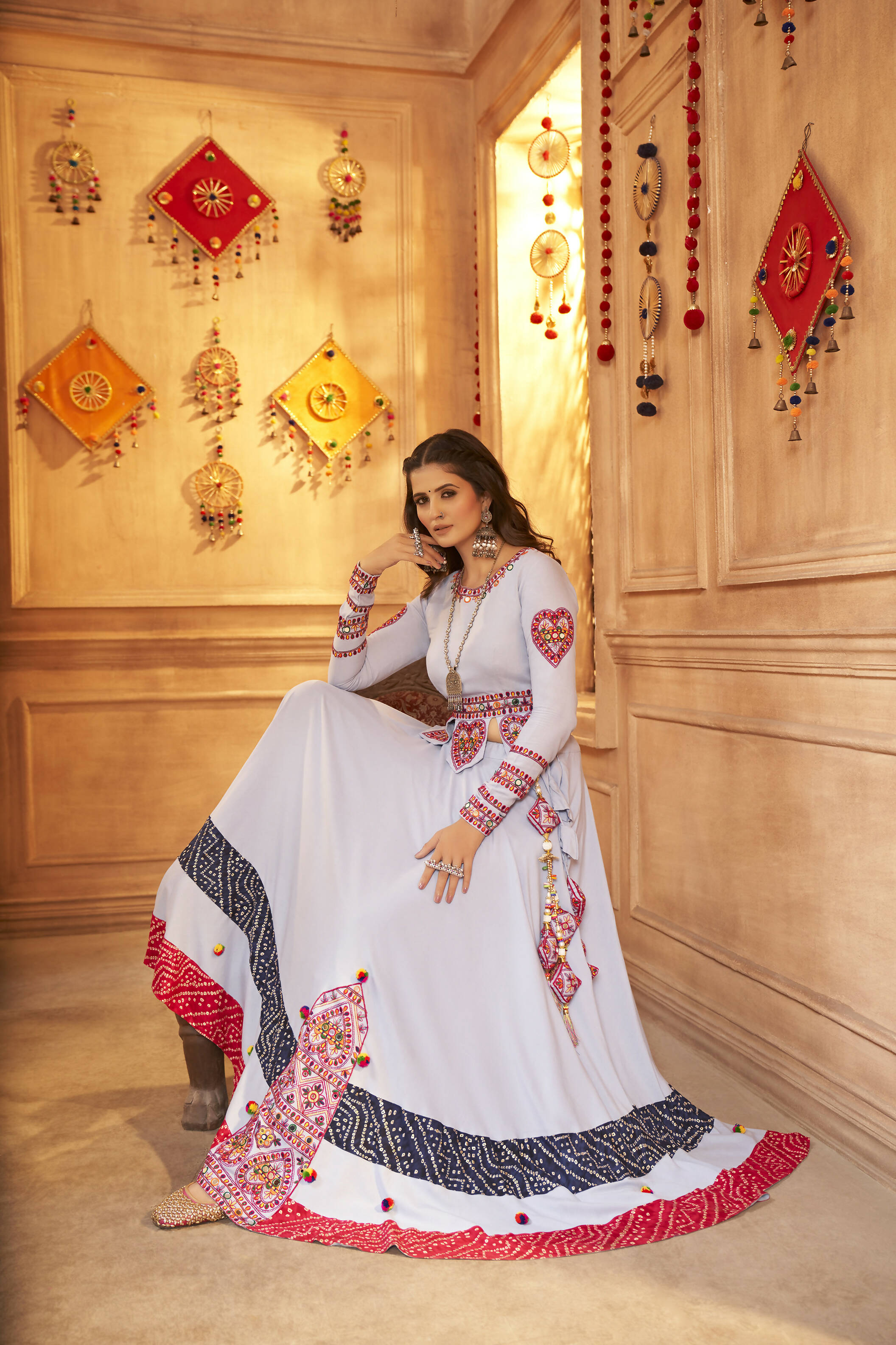 Sky Viscose Rayon Thread Embroidered Work And Print With Mirror All Over Navratri Lehenga Choli - Raas