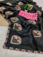 Teeya Creation Black Color Pure Paper Silk Heavy Embroidery Work Wedding Wear Saree - Distacart