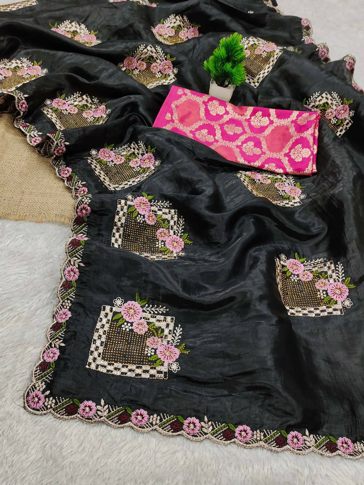 Teeya Creation Black Color Pure Paper Silk Heavy Embroidery Work Wedding Wear Saree - Distacart