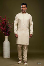Raivat Ethnic Art Banarasi Silk Thread Work Kurta Pajama In Cream Beige Colour