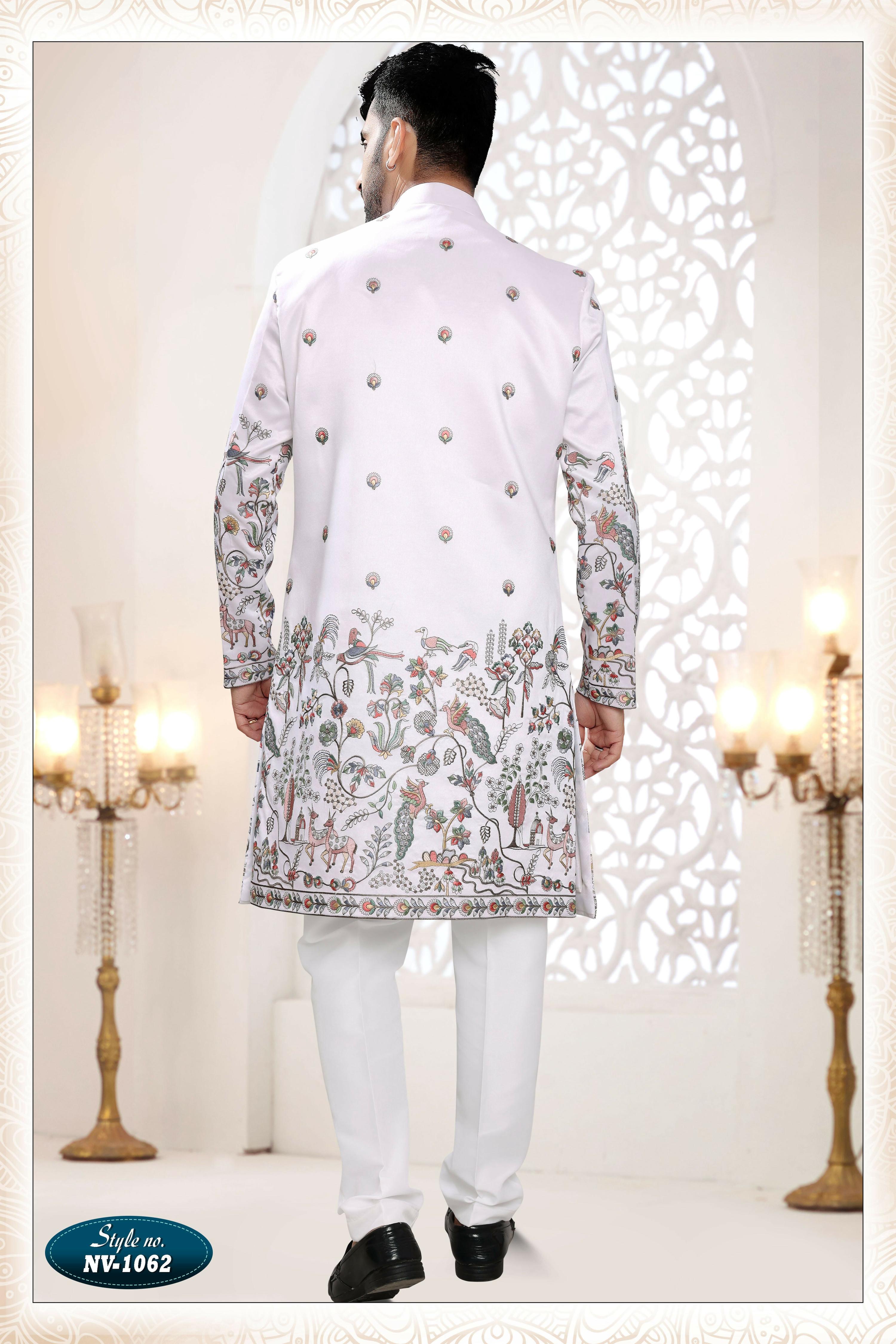 Joban Fashion Men's White Straight Silk Thread And Sequence Embroidery All Over 3 Pc Kurta Set