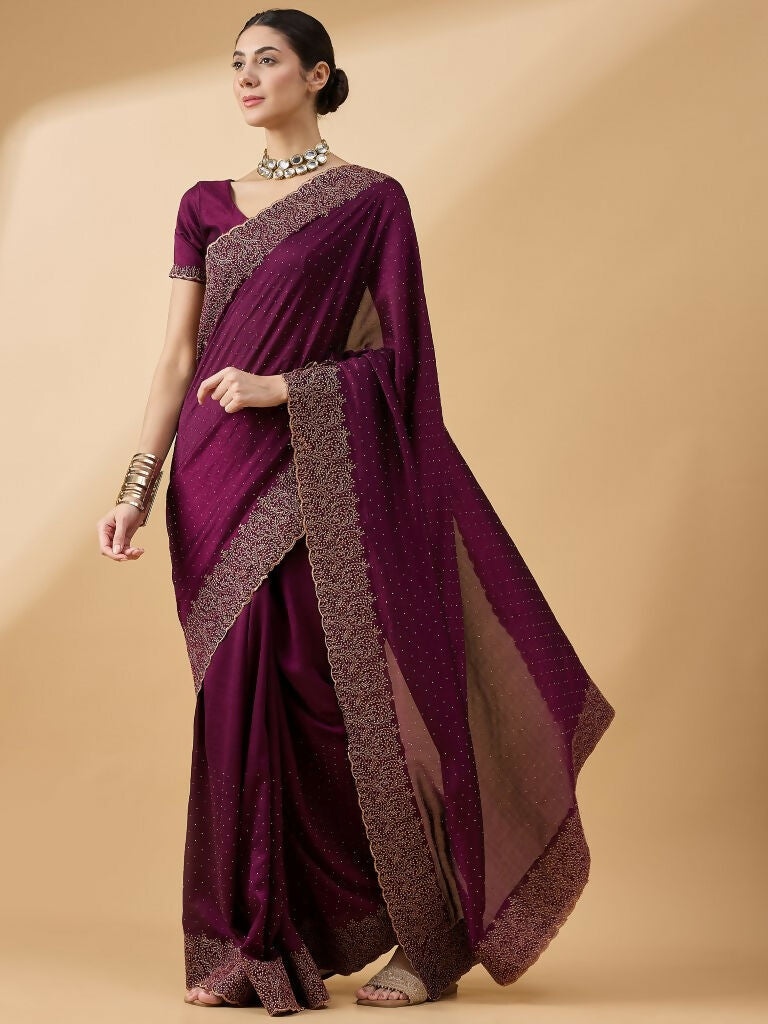Purple Silk Blend Embroidered Saree with Unstitched Blouse - Vairagi