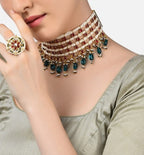 Jewel City Gold-Plated Kundan Choker Necklace Set with Green Beads & Statement Ring – Traditional Indian Jewelry for Women