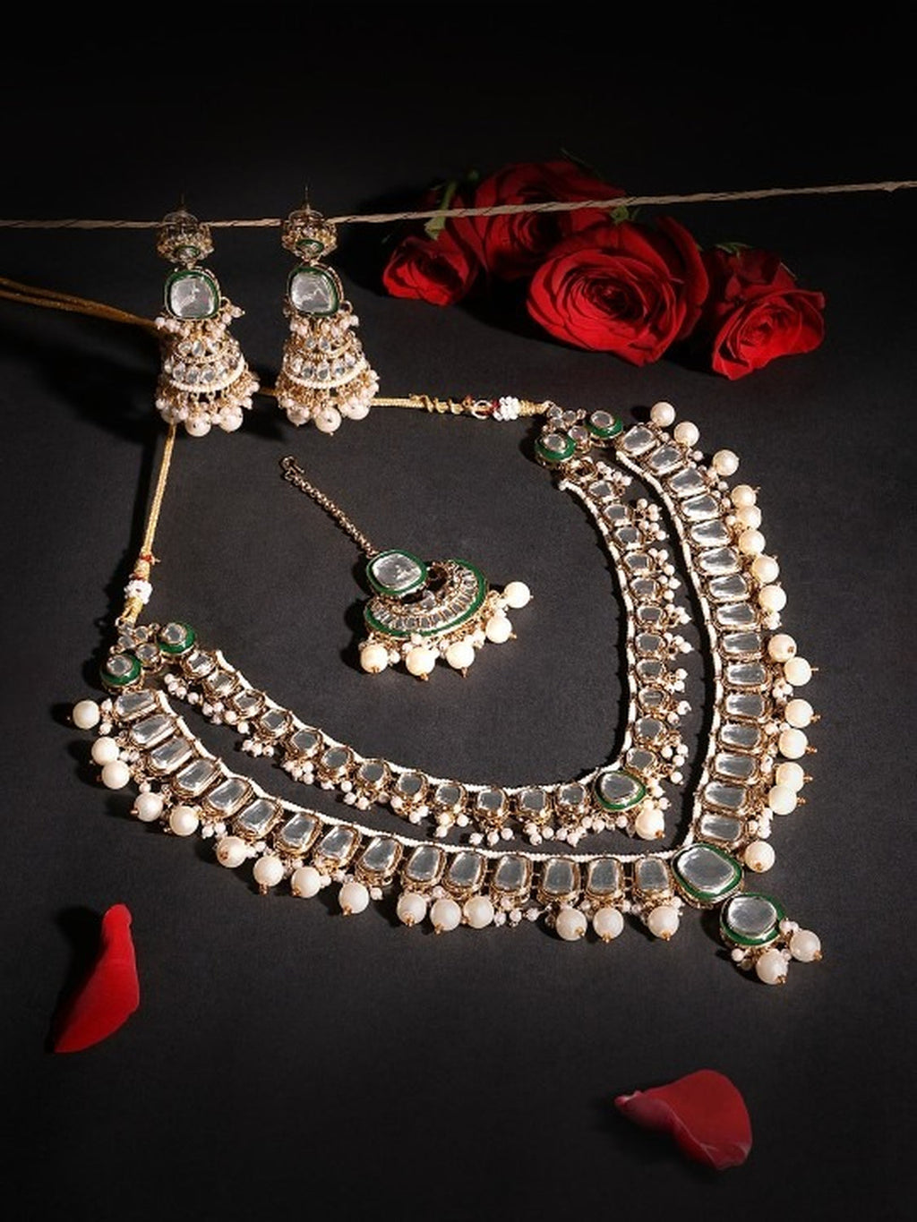 Jewel City Gold-Plated Kundan Bridal Necklace Set with Pearls & Green Stones Traditional Indian Jewelry for Weddings & Festive Wear