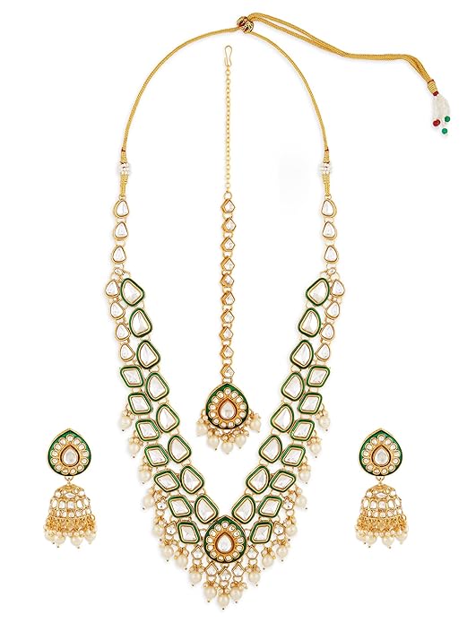Jewel City Traditional Handcrafted Kundan Pearl Necklace Set with Jhumka Earrings and Maang Tikka – Gold-Tone Bridal Jewelry Set