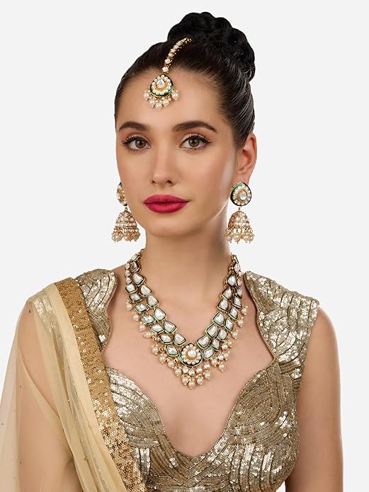 Jewel City Traditional Handcrafted Kundan Pearl Necklace Set with Jhumka Earrings and Maang Tikka – Gold-Tone Bridal Jewelry Set