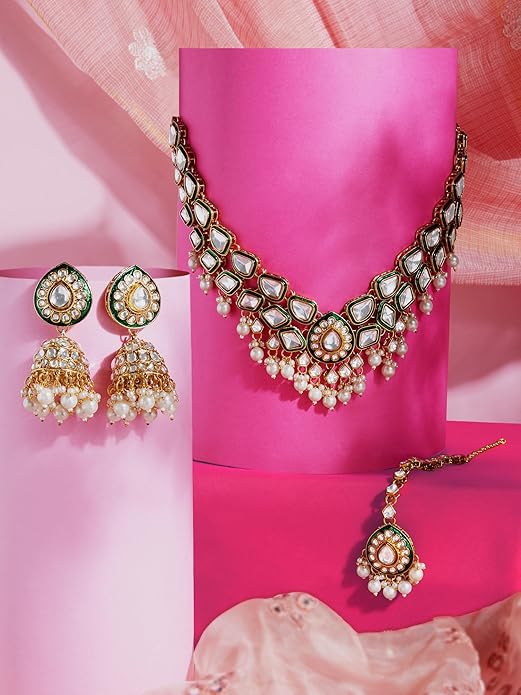 Jewel City Traditional Handcrafted Kundan Pearl Necklace Set with Jhumka Earrings and Maang Tikka – Gold-Tone Bridal Jewelry Set