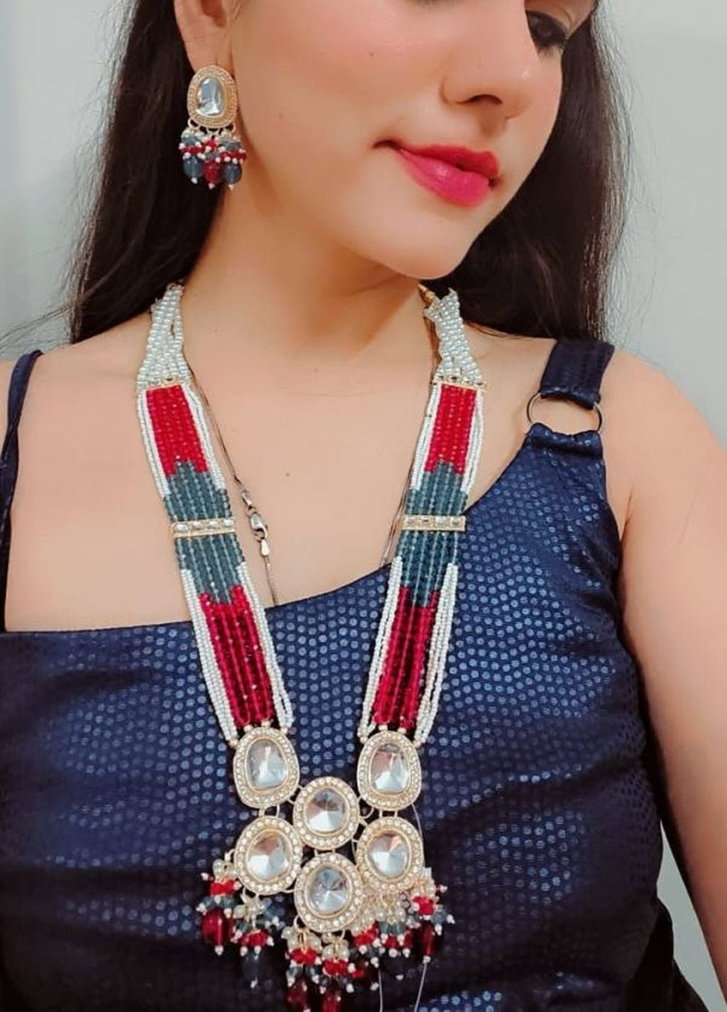 Jewel City Multicolor Beaded Kundan Necklace Set with Earrings Pearl Layered Traditional Gold-Plated Jewelry Set