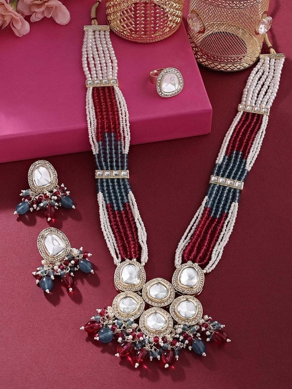 Jewel City Multicolor Beaded Kundan Necklace Set with Earrings Pearl Layered Traditional Gold-Plated Jewelry Set